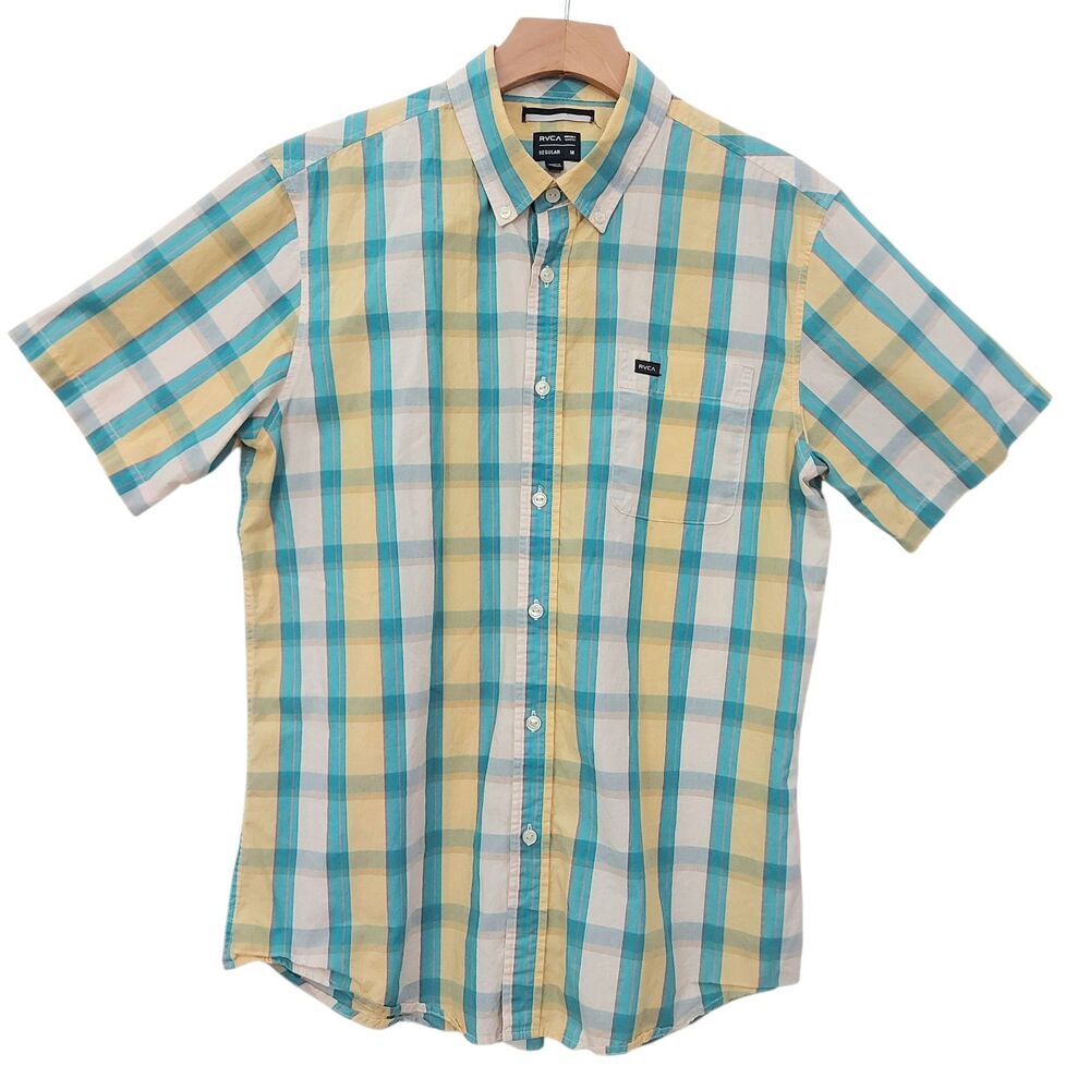 RVCA Shirt Mens Medium Blue Yellow Plaid Short Sleeve Cotton Button Casual